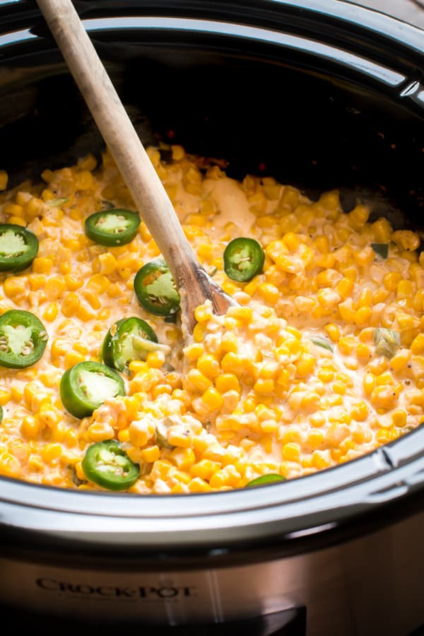 creamy jalapeno corn in a slow cooker.