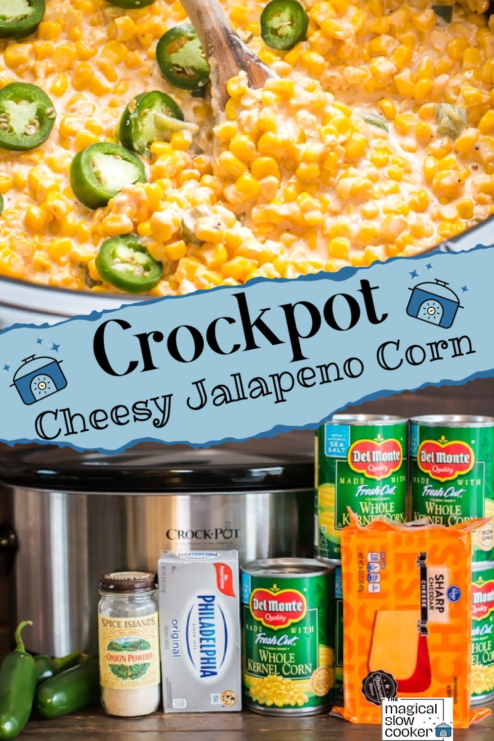 ingredients for corn and done dish in the crockpot.