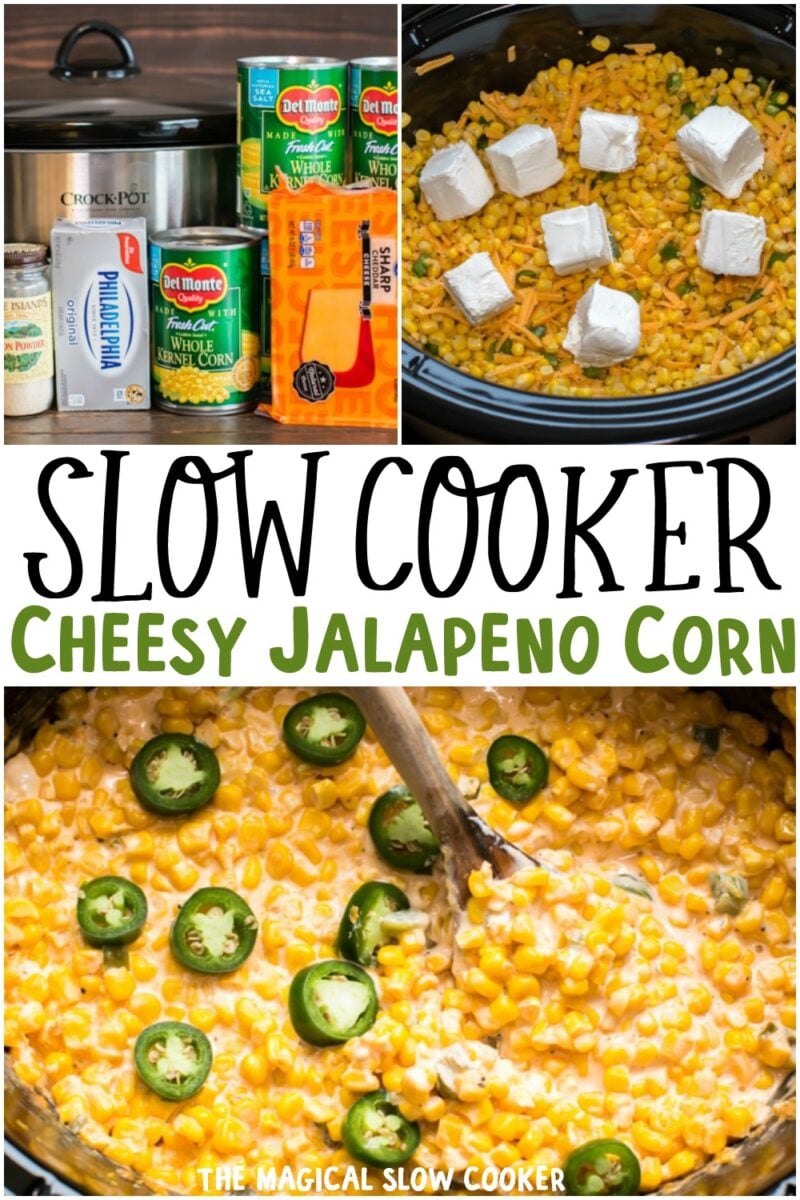 collage of cheesy jalapeno corn images with text overlay for pinterest