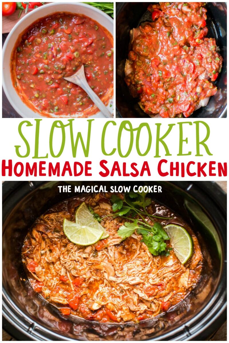 collage of salsa chicken images with text overlay for pinterest
