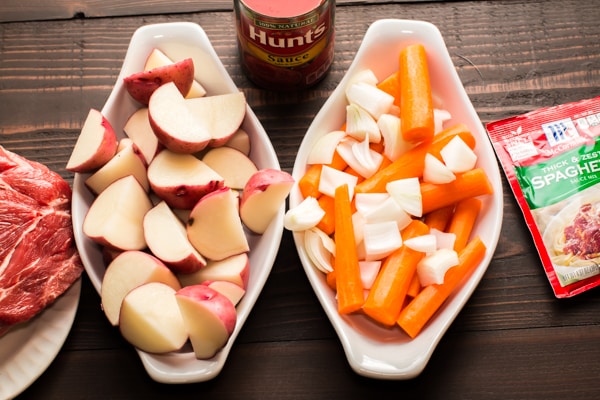 red potatoes, carrots, onion and tomato sauce.