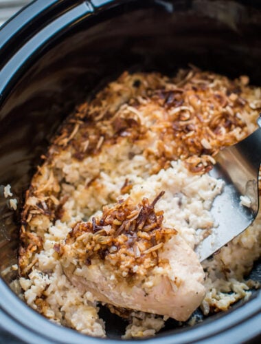 cooked no peek chicken in a slow cooker.