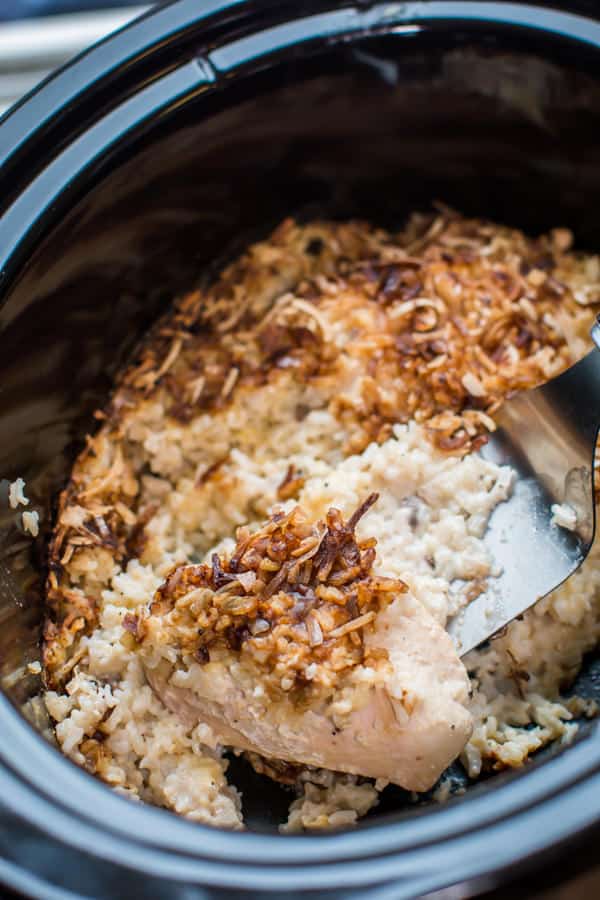 cooked no peek chicken in a slow cooker.