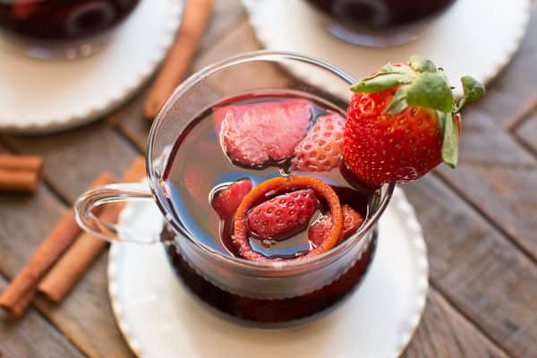 strawberry mulled wine in clear mug