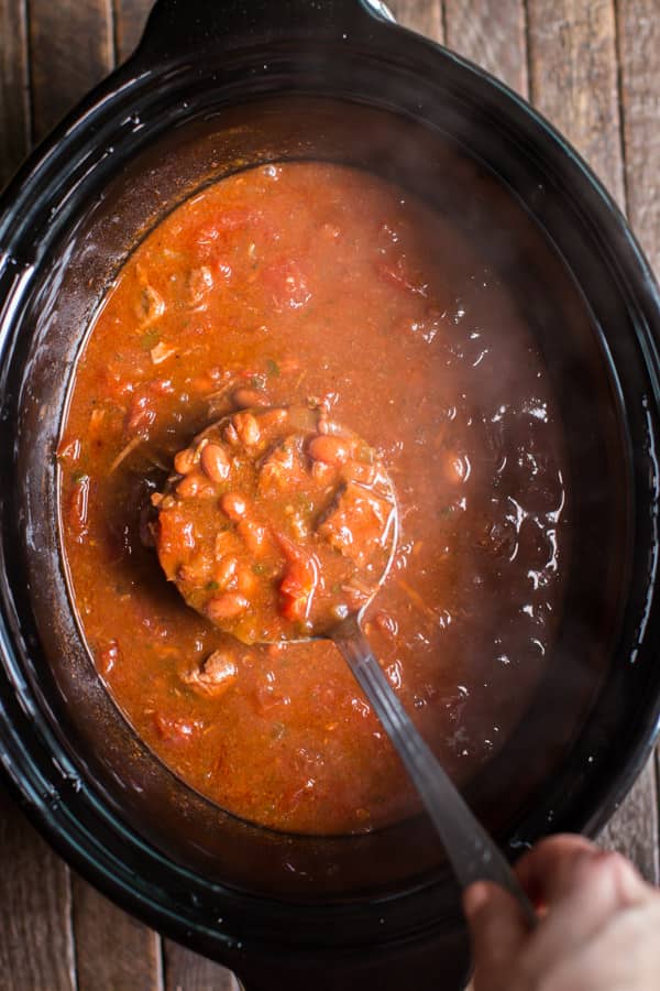 beef enchilada chili in a slow cooker.