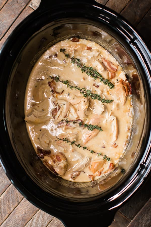 close up of bacon gravy and chicken