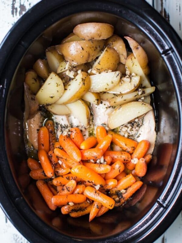 overhead shot of garlic butter chicken and vegetables.