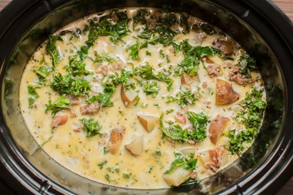 cooked Zuppa Toscana in a slow cooker.