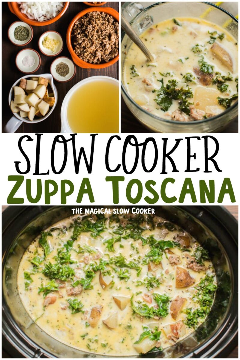 collage of zuppa toscana photos with text overlay for pinterest