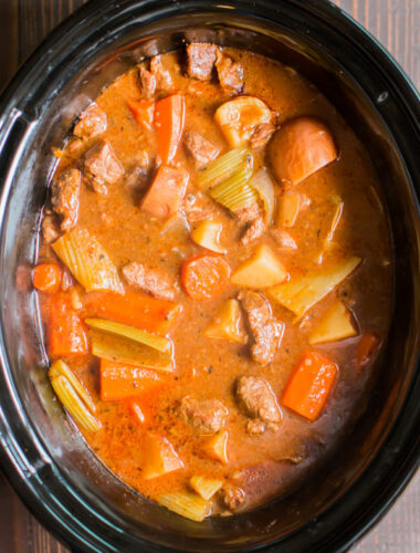 cooked stew with beef, carrots, onion and celery.