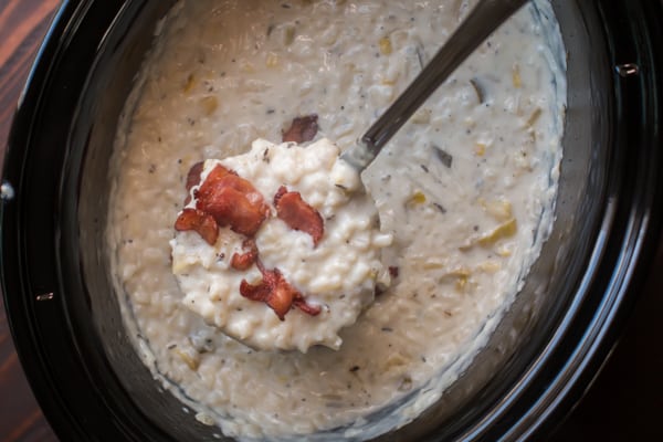 hash brown soup on a ladle.