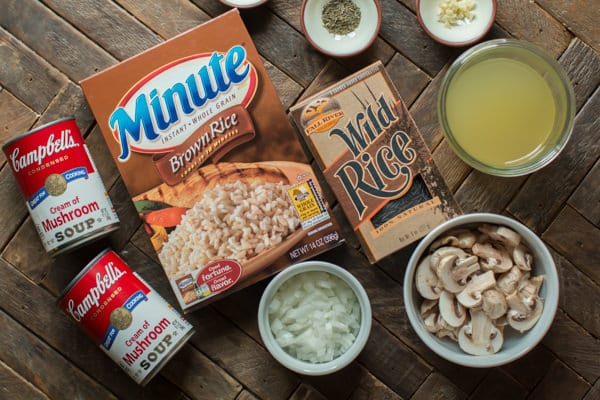 minute brown rice, wild rice, onion, cream of mushroom soup, garlic, broth and mushrooms.