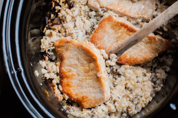 serving wild rice mix and pork chops from a slow cooker.