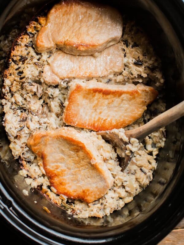 minnesota pork chop casserole done cooking in a slow cooker.