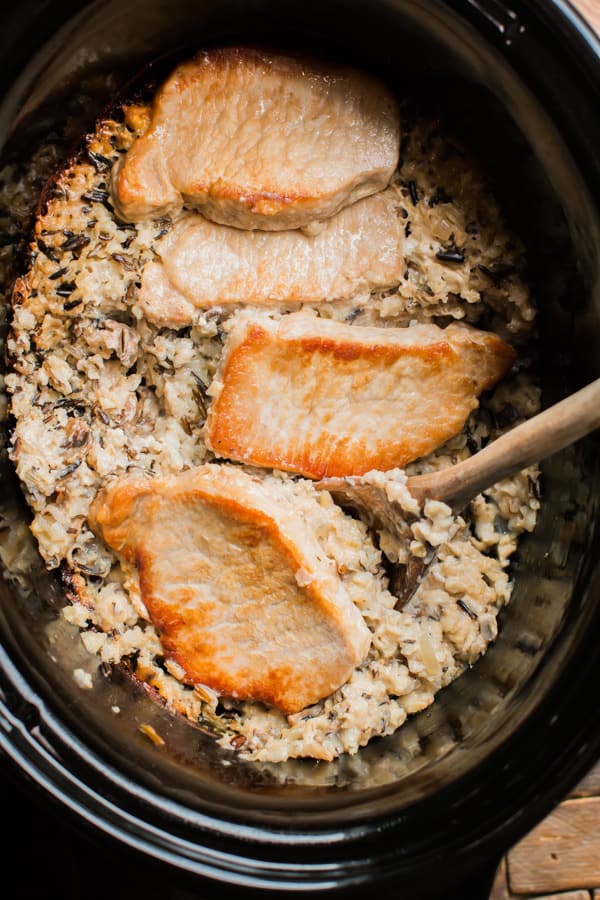 minnesota pork chop casserole done cooking in a slow cooker.