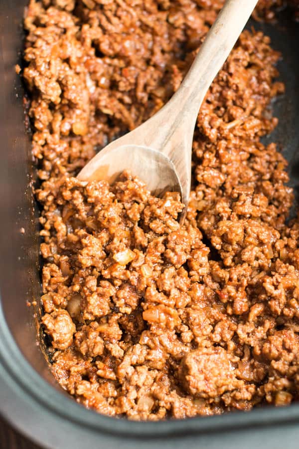 close up of ground beef in the slow cooker.