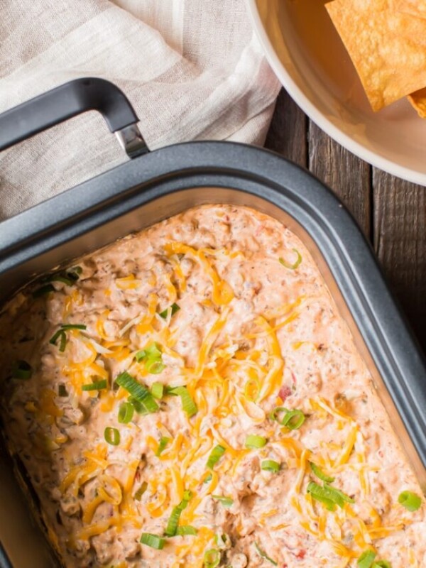 spicy sausage dip in a slow cooker, done cooking.
