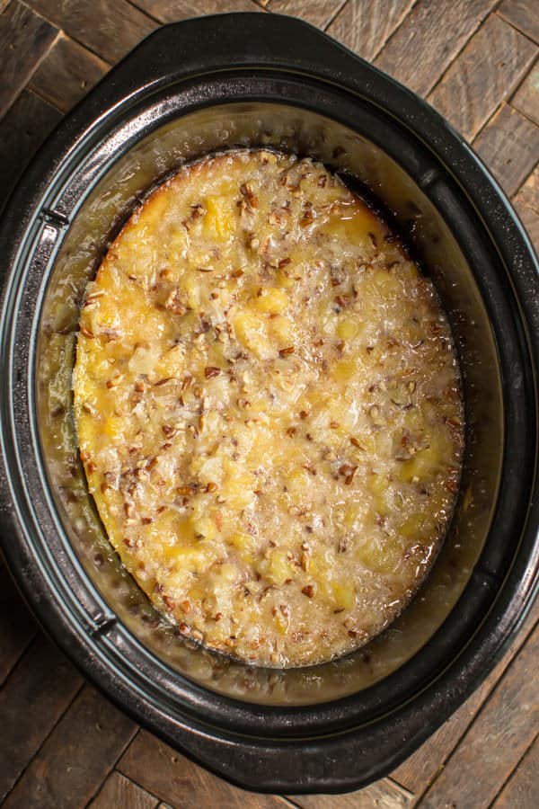 cooked pineapple coconut cake in the slow cooker.