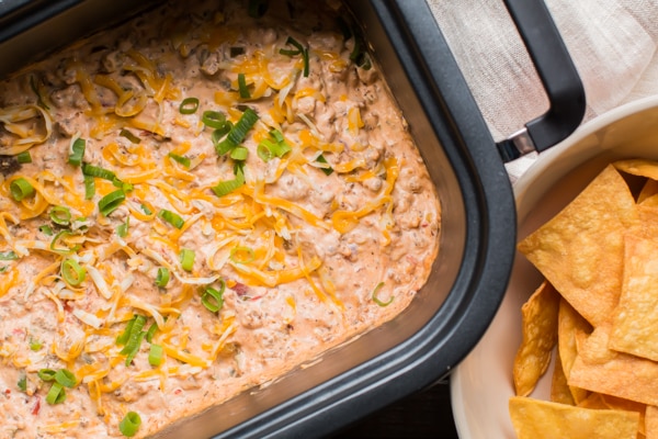 close up of sausage dip in the slow cooker.