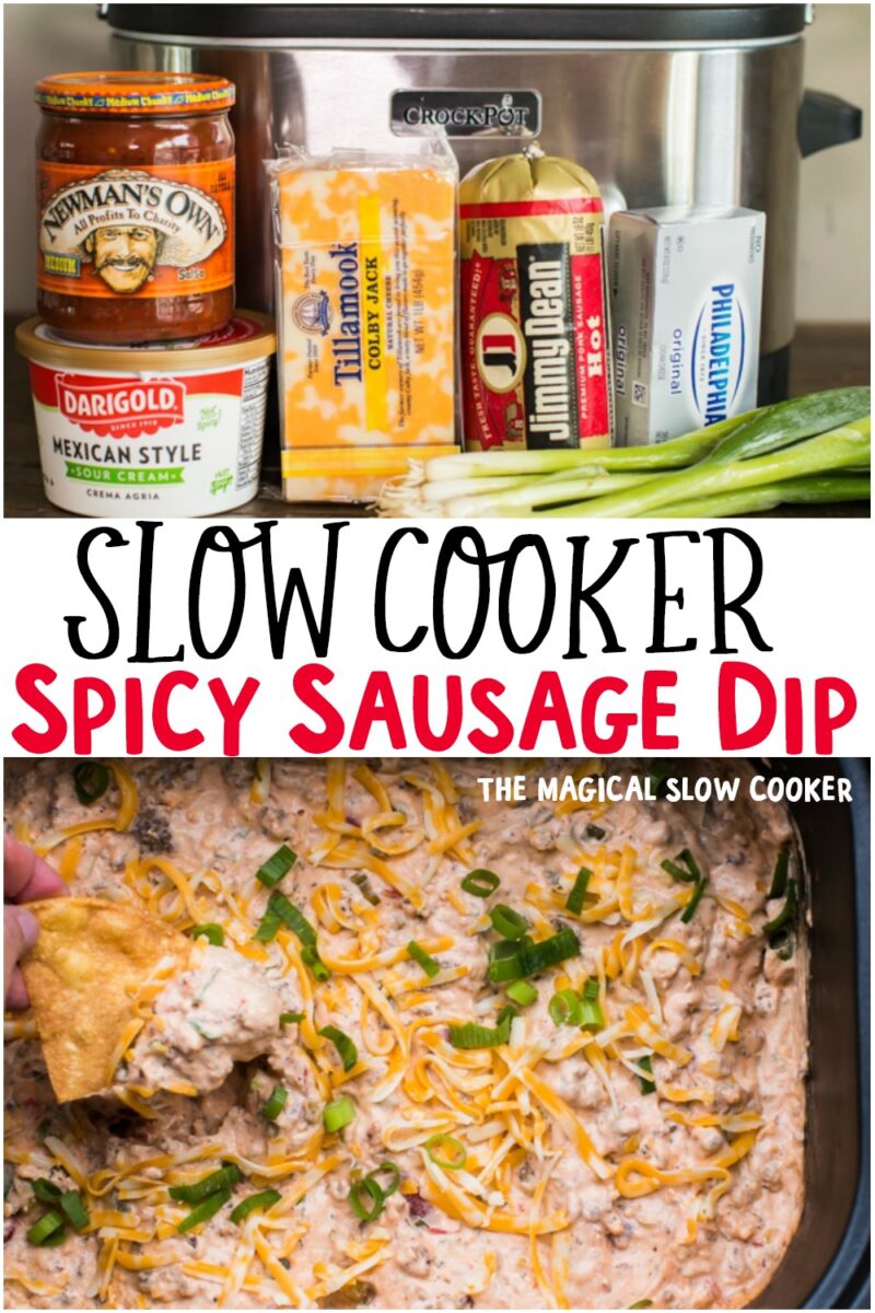 collage of photos of spicy sausage dip with text overlay for pinterest