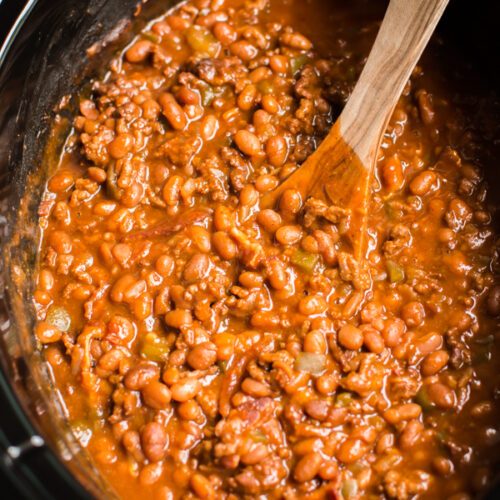 close up of land your man baked beans in slow cooker