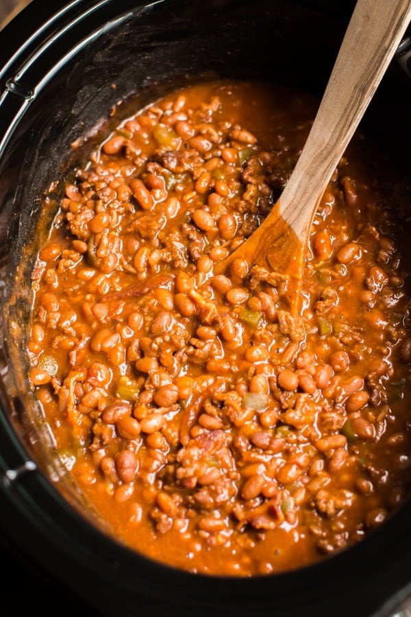 close up of land your man baked beans in slow cooker