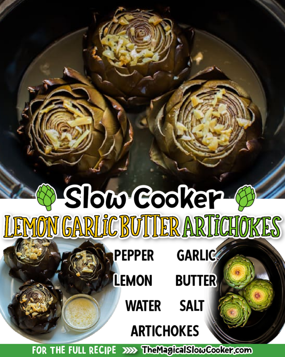 2 garlic butter artichoke images with text of ingredients on it.