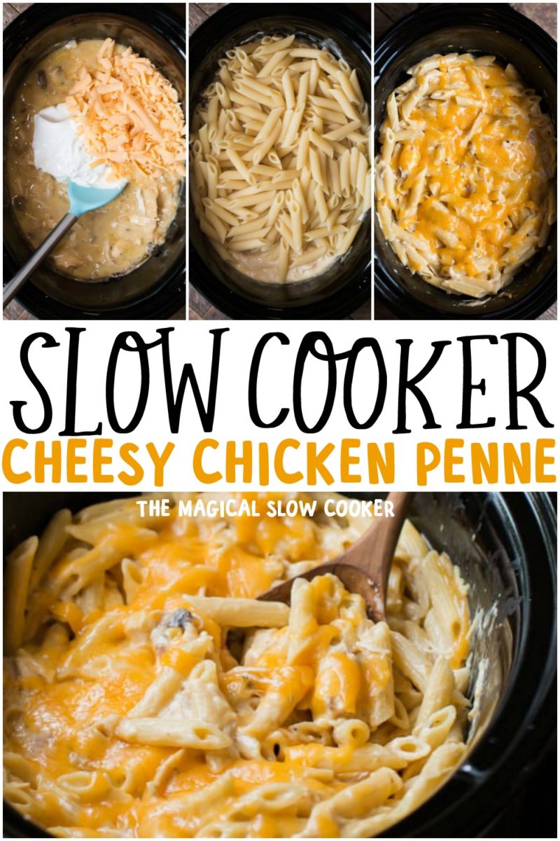 collage of cheesy chicken penne photos for pinterest