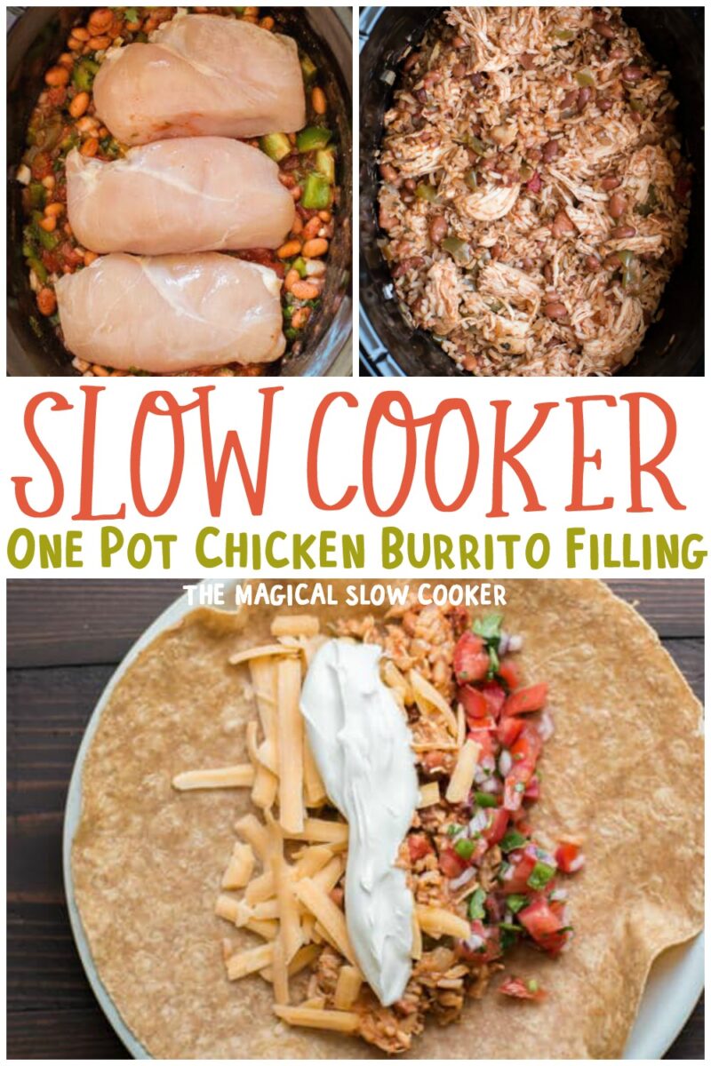 collage of chicken burrito filling images with text overlay for pinterest