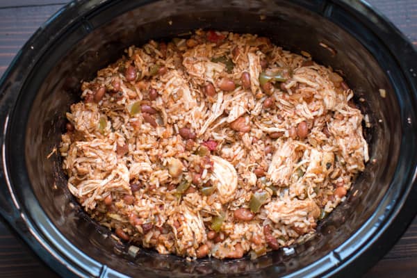 rice, beans, shredded chicken in a slow cooker