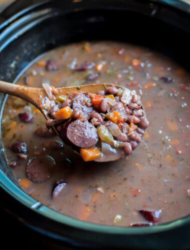 black bean kielbasa soup in a slow cooker.