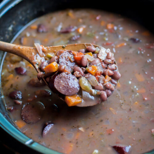 black bean kielbasa soup in a slow cooker.