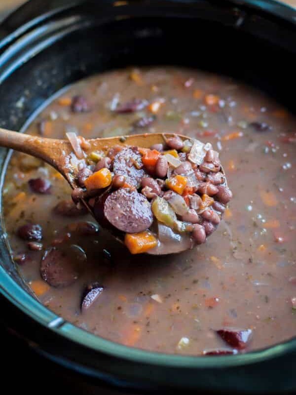 black bean kielbasa soup in a slow cooker.