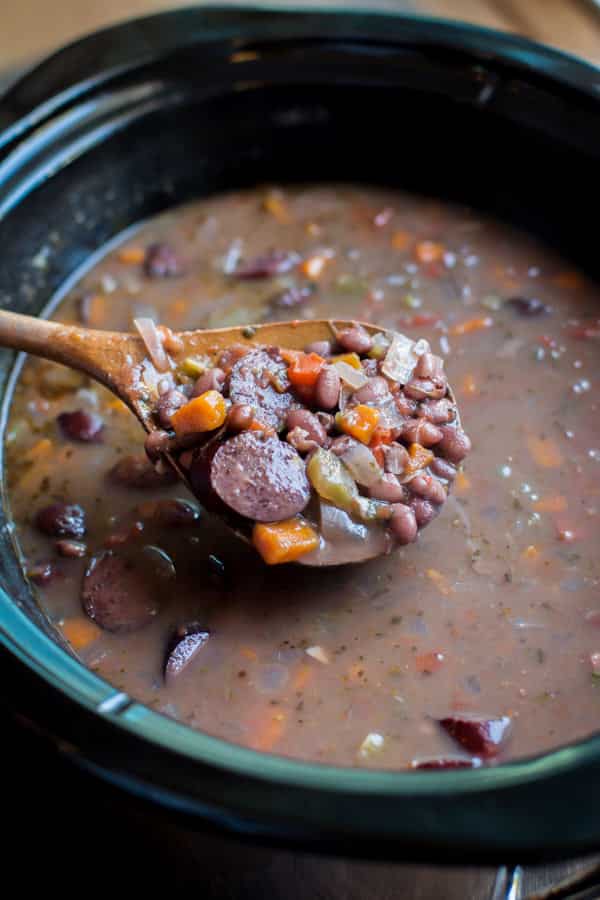 black bean kielbasa soup in a slow cooker.