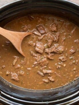 texas no bean chili in slow cooker.