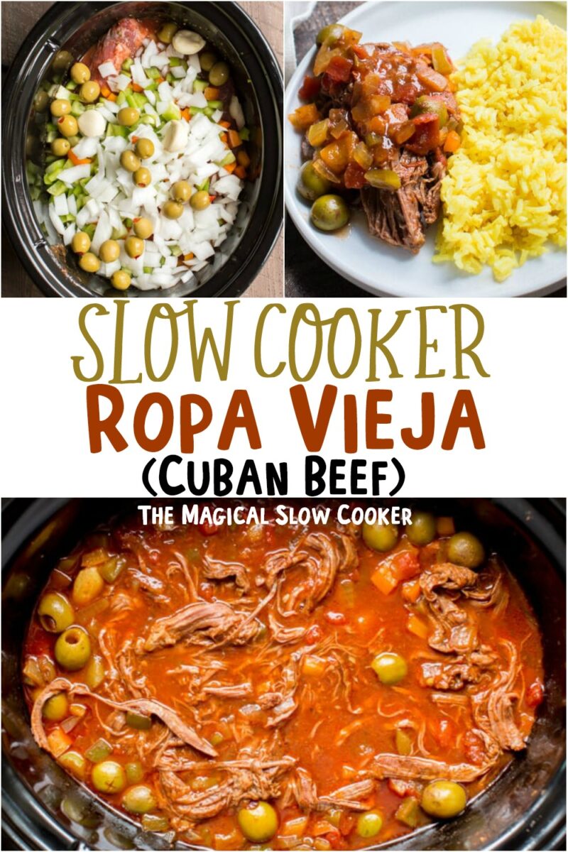 collage of ropa vieja photos with text over lay that says Slow Cooker Ropa Vieja (Cuban Beef)