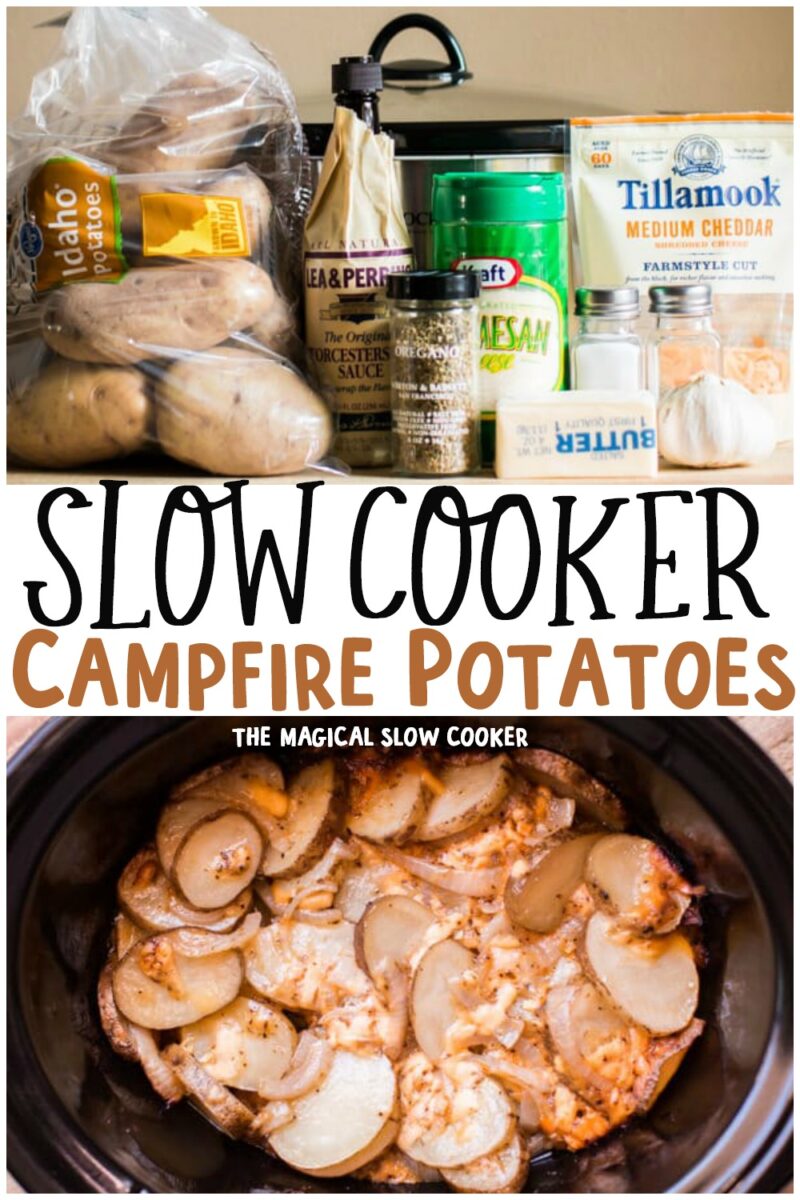 collage of campfire potatoes images with text overlay for pinterest