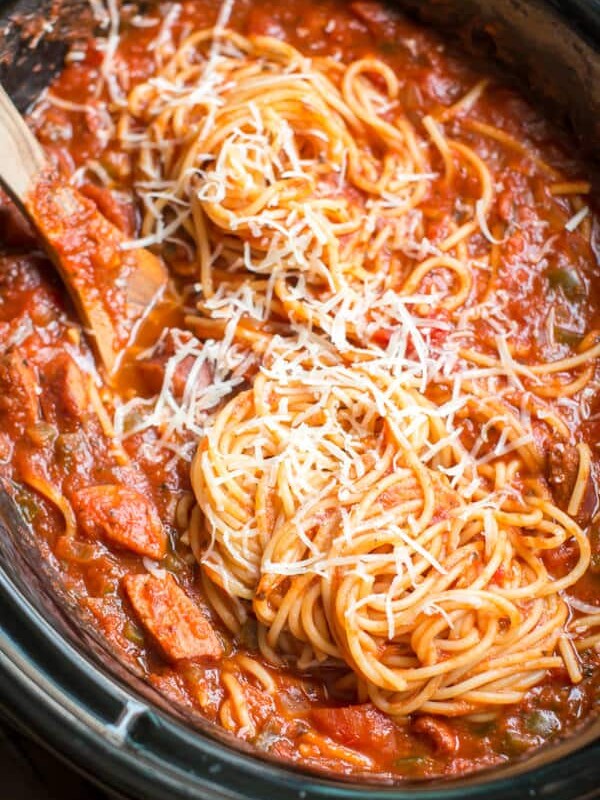 close up of spaghetti and noodles in a slow cooker