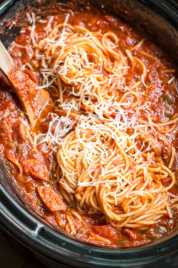 close up of spaghetti and noodles in a slow cooker