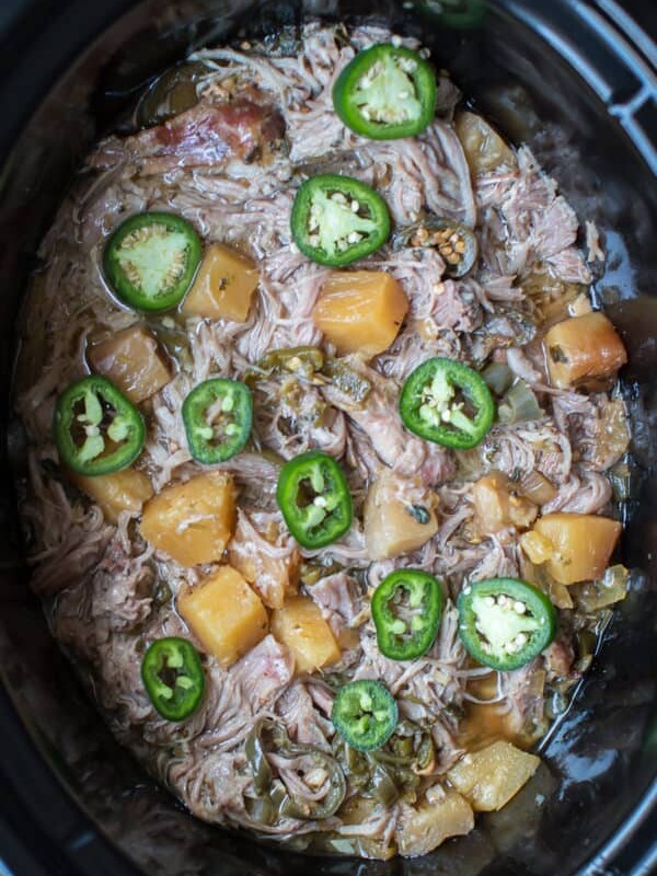 shredded pork with jalapenos and pineapple on top.