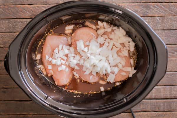 chicken, broth, seasonings and onions in a slow cooker