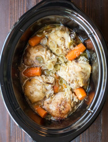 carrots, leeks and chicken thighs cooked in a slow cooker.