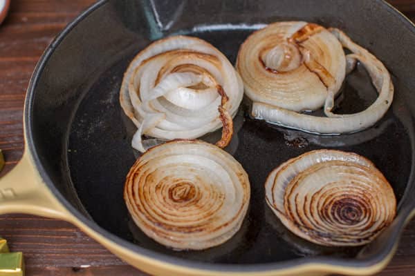 close up of grilled onion slices