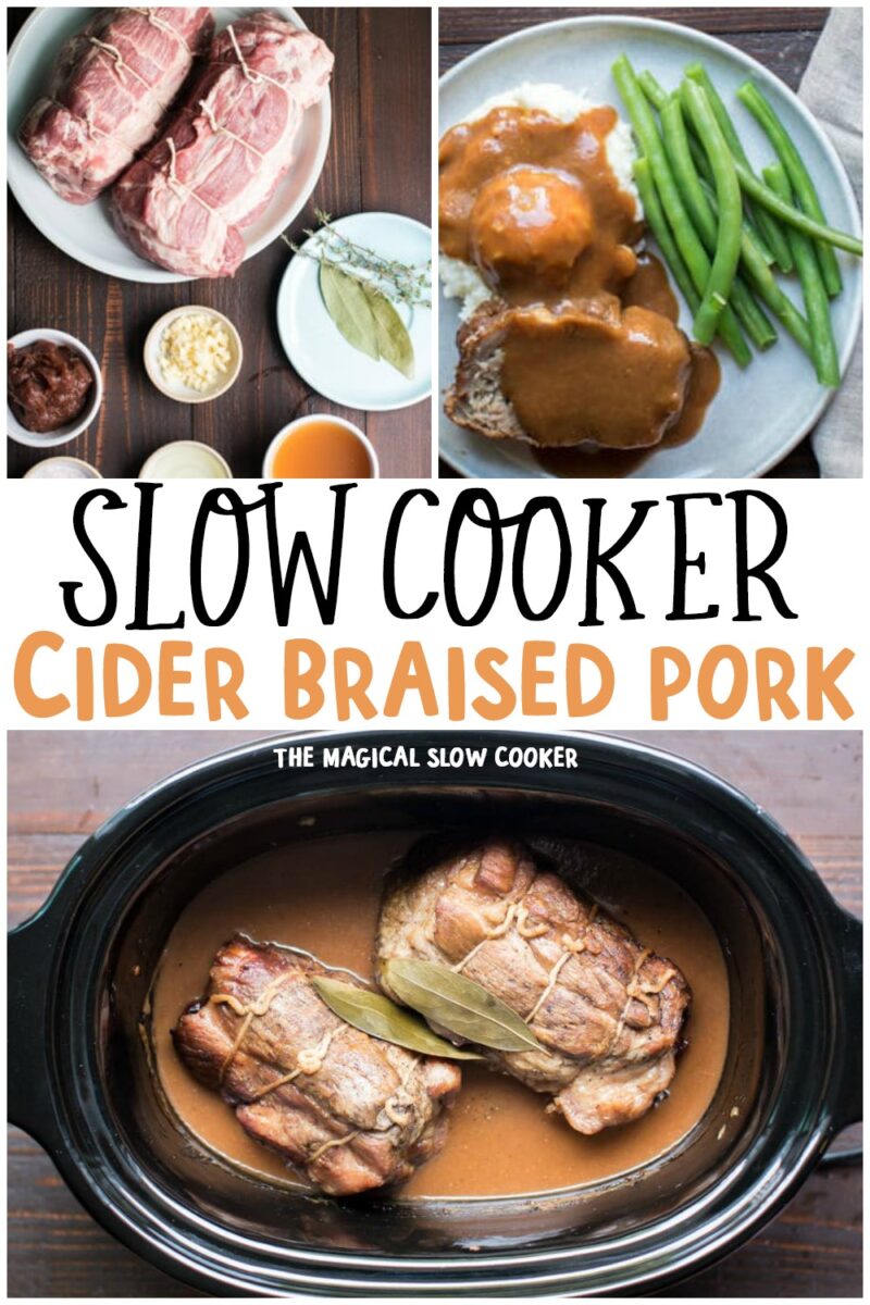 collage of cider braised pork images with text overlay for pinterest