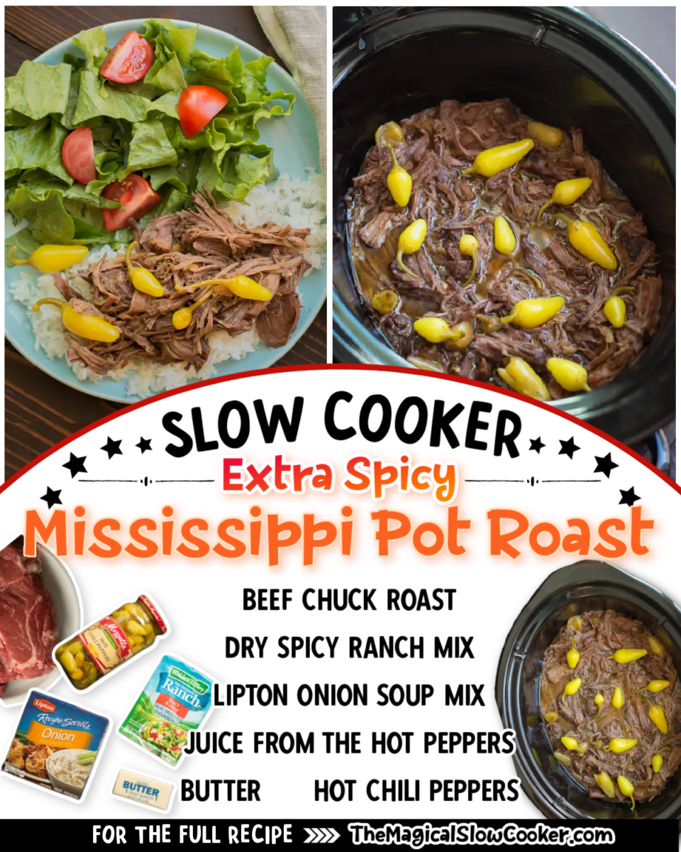 images of spicy mississippi roast with text of what the ingredients are for facebook.