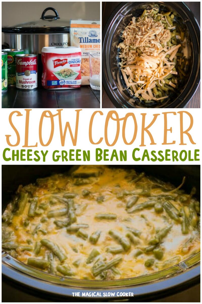 collage of cheesy green bean casserole images for pinterest with text overlay