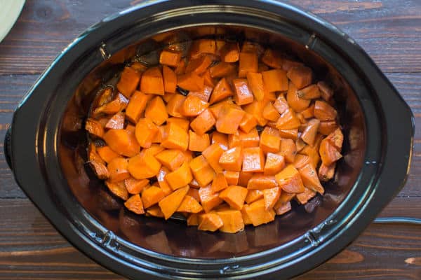cooked sweet potato cubes in slow cooker