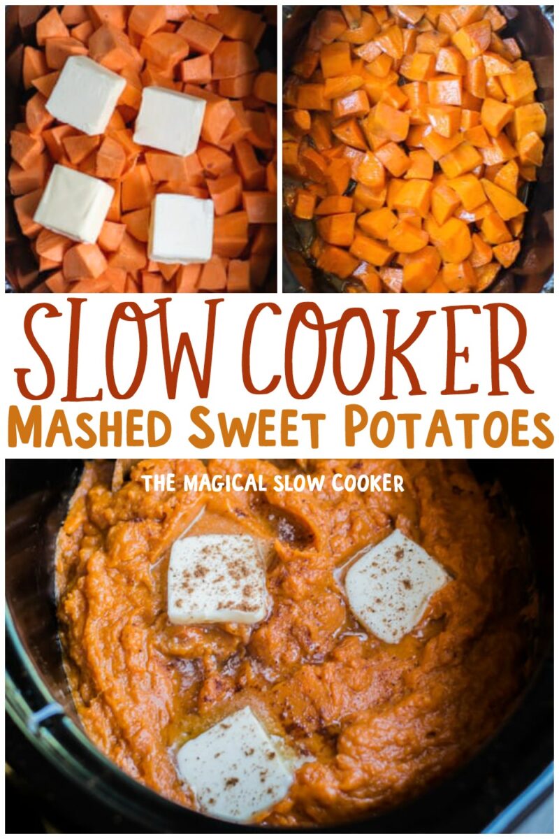 collage of mashed sweet potatoes images with text over lay for pinterest