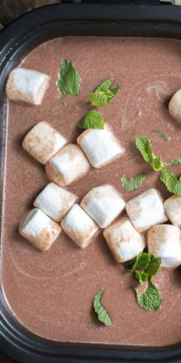 close up of mint hot chocolate in slow cooker