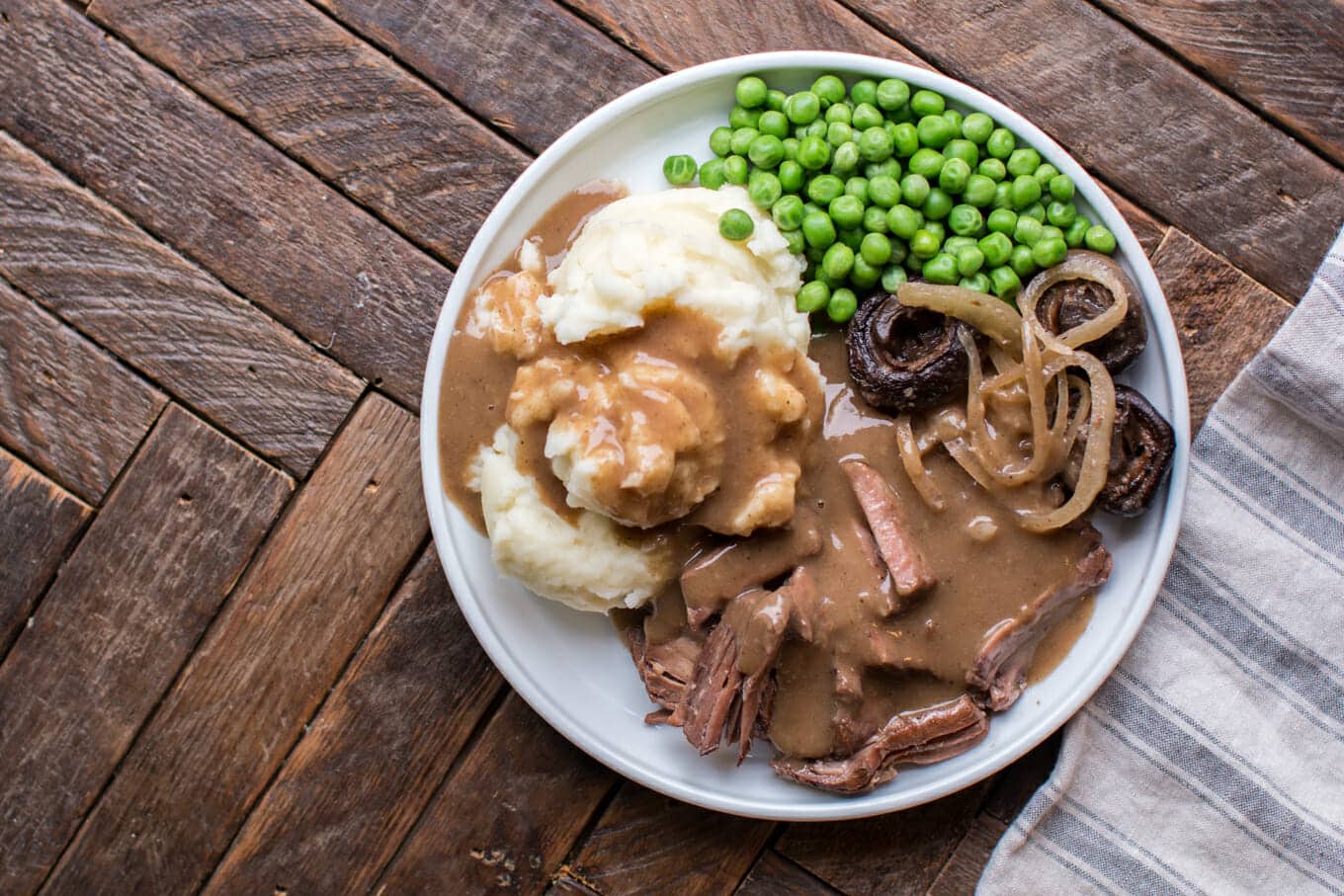 plate of pot roast, mashed potatoes, peas and gravy